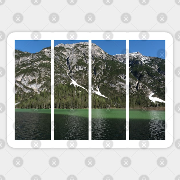 The fabulous alpine lake of Landro (Durrensee) in the Dolomites (Dobbiaco). Lovely place in the Italian Alps. Reflections in the water. Sunny spring day. Trentino Alto Adige Sticker by fabbroni-art